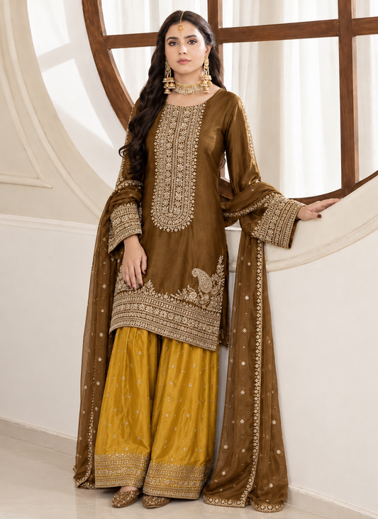 Silk Embroidered Stitched 3pc Suit