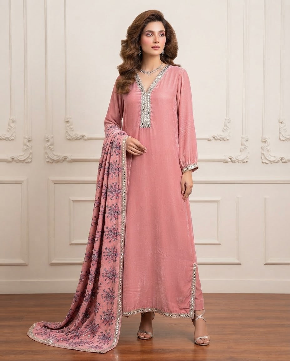 Velvet Plain Kaftan 2pc Suit BFO-FZ
