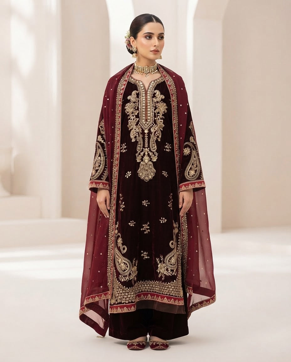 Velvet Embroidered Stitched 3pc Suit BFO-FZ
