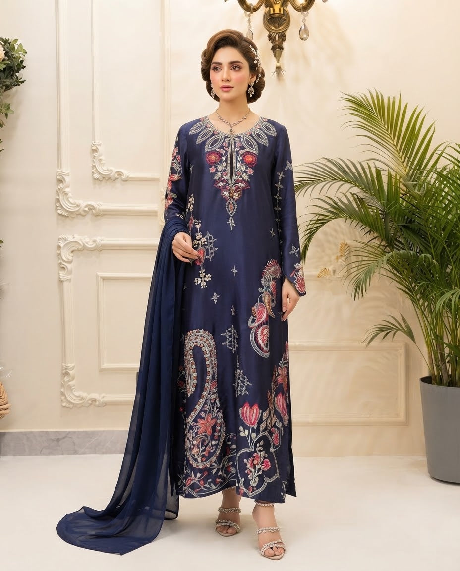 Silk Embroidered Kaftan Stitched 3pc Suit BFO-MNLS