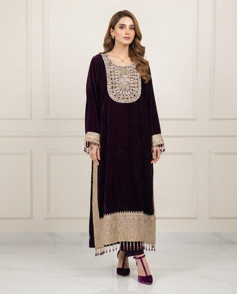 Velvet Embroidered Stitched 2pc Suit