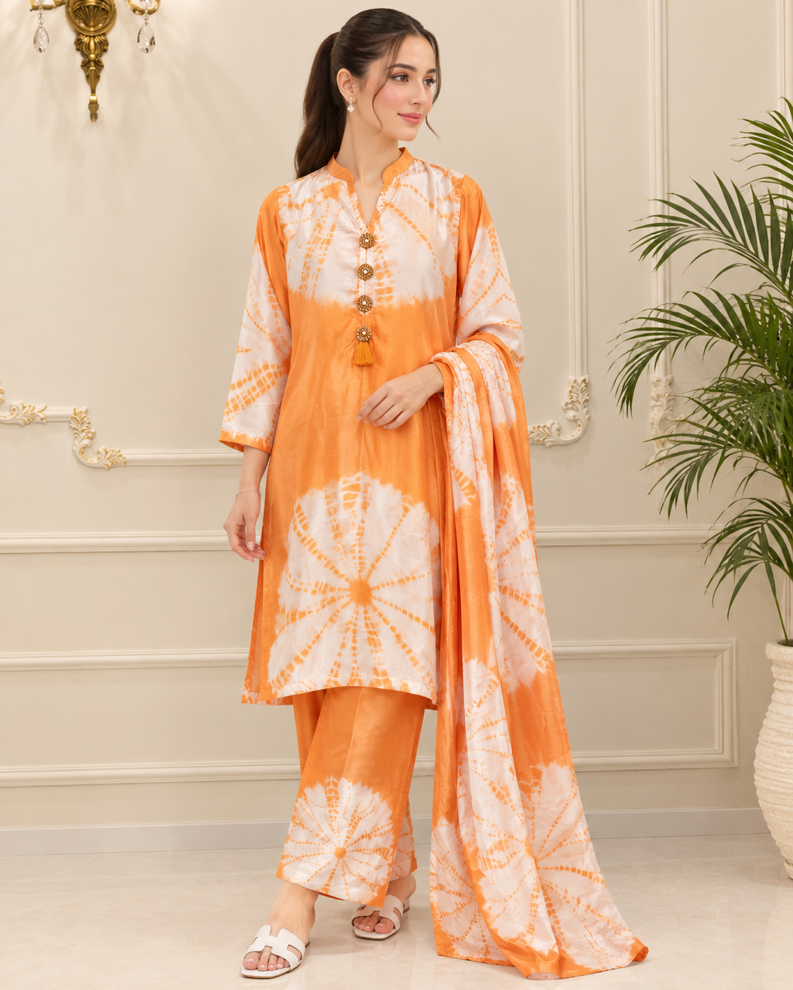 Silk Tie&Dye Printed Stitched 3pc Suit