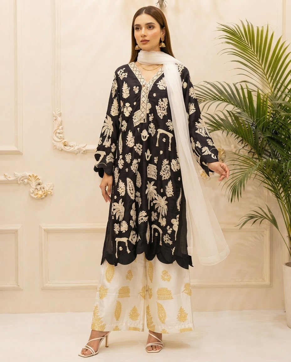 Silk Embroidered Stitched 3pc Suit BFO-MNLS