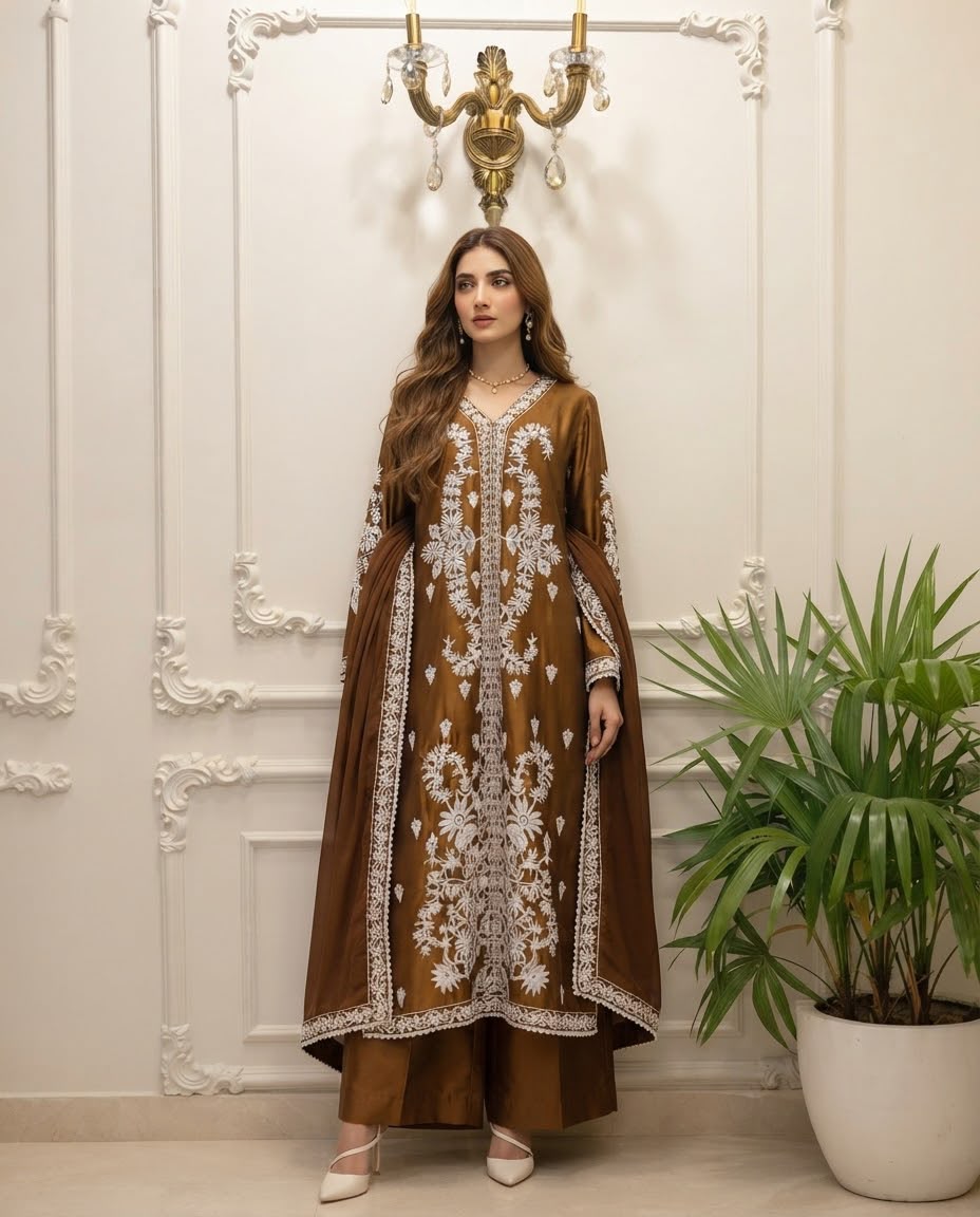 Silk Embroidered Stitched 3pc Suit BFO-MNLS