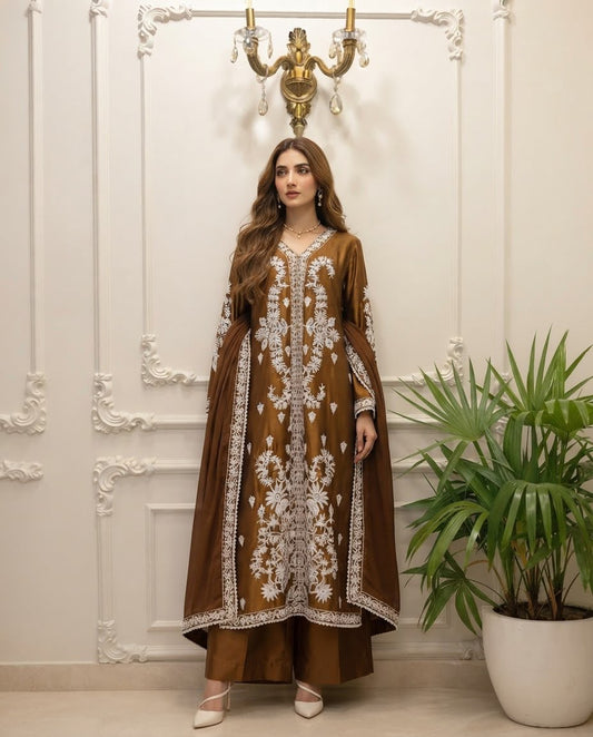Silk Embroidered Stitched 3pc Suit BFO-MNLS