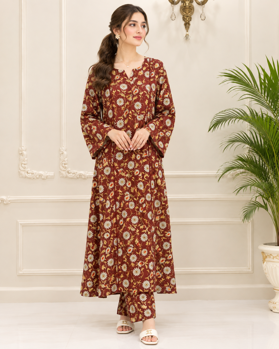 Linen Printed Stitched 2pc Maxi