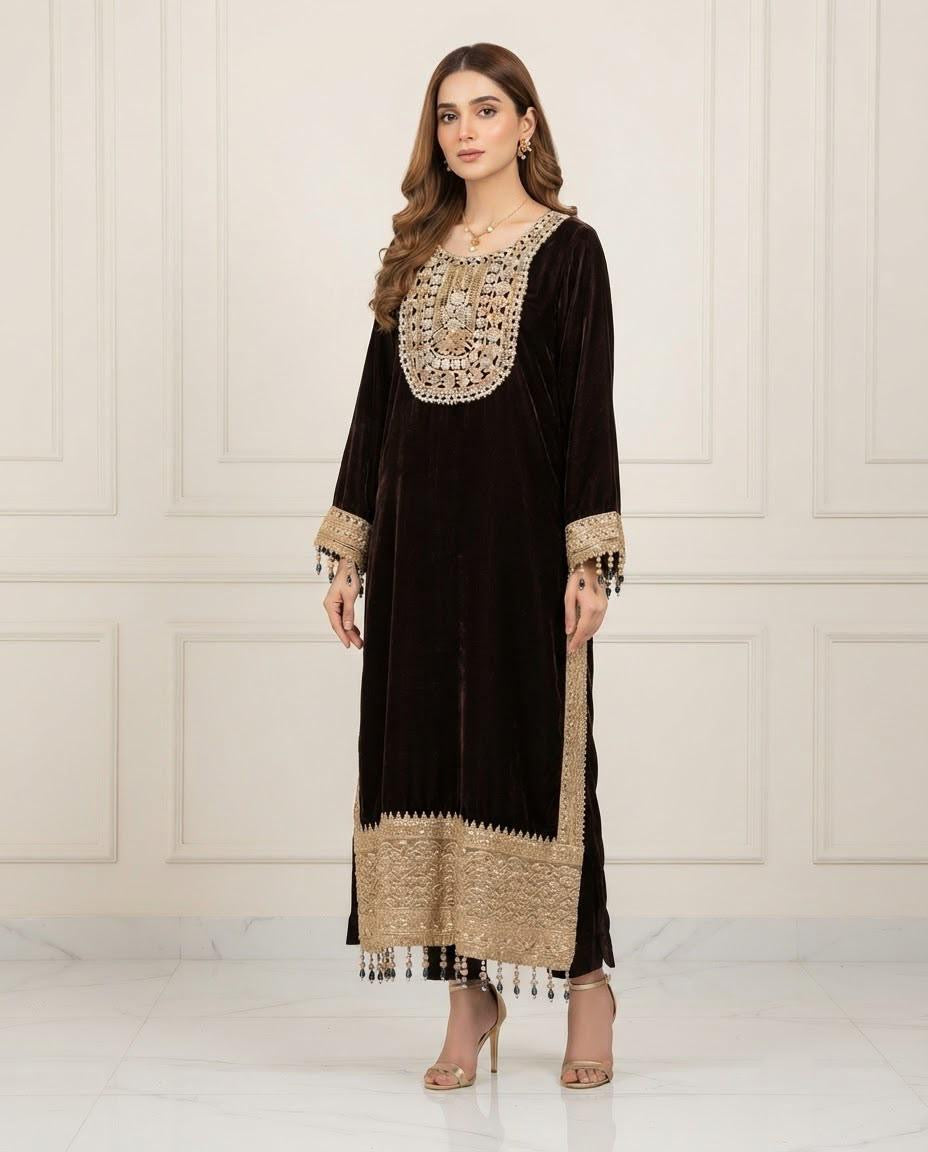 Velvet Embroidered Stitched 2pc Suit