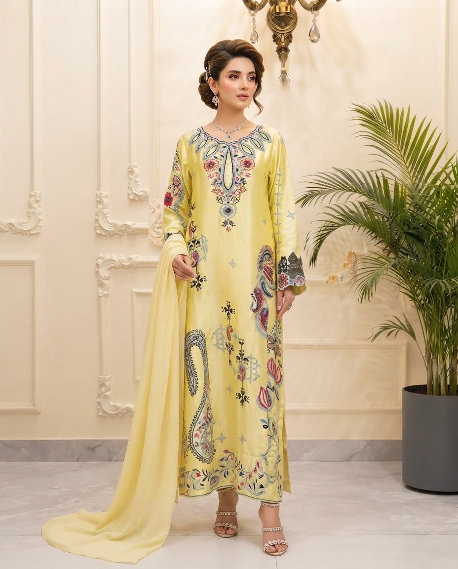 Silk Embroidered Kaftan Stitched 3pc Suit BFO-MNLS
