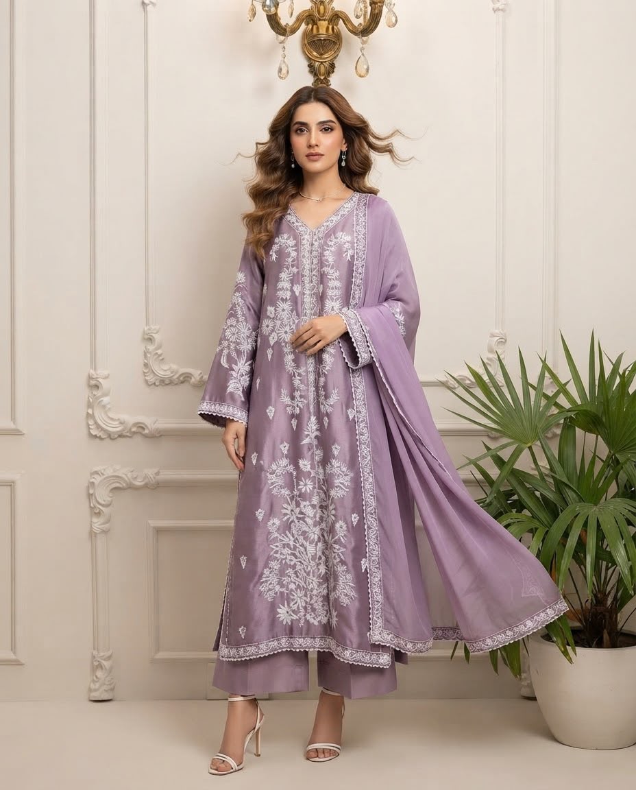 Silk Embroidered Stitched 3pc Suit BFO-MNLS