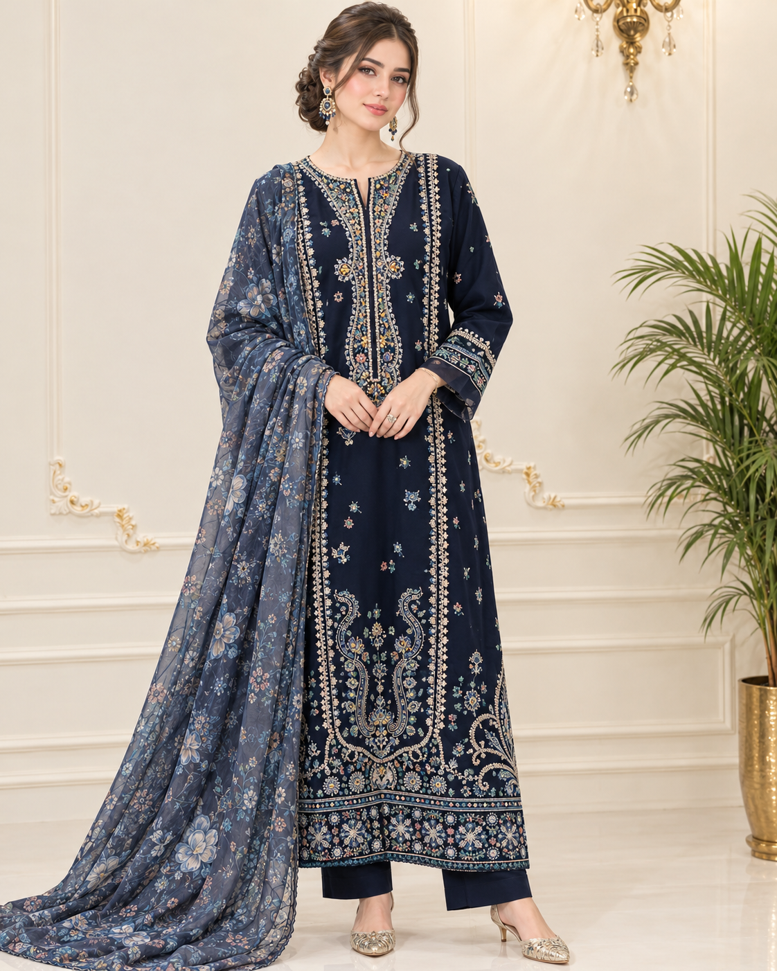Chiffon Embroidered Stitched 3pc Suit