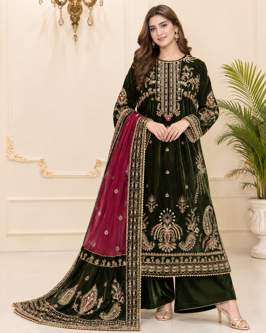 Velvet Embroidered Stitched 3pc Suit