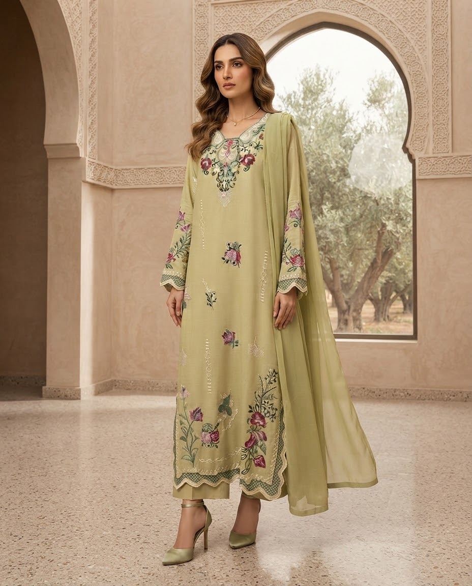 Pure Silk Embroidered Stitched 3pc kaftan Suit BFO-MNLS