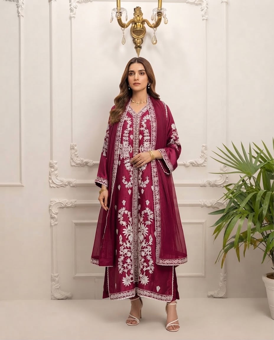 Silk Embroidered Stitched 3pc Suit BFO-MNLS