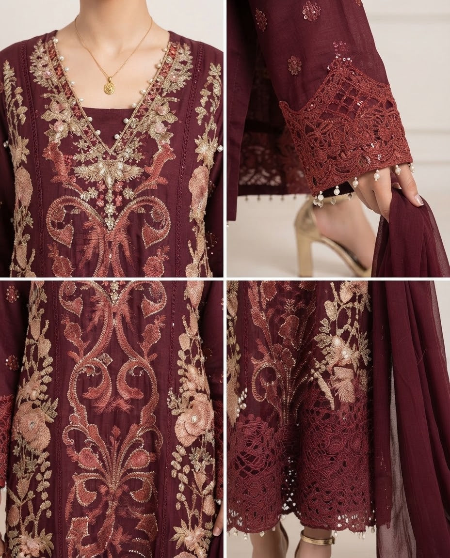 Chiffon Embroidered Stitched 3pc Suit BFO-FZ