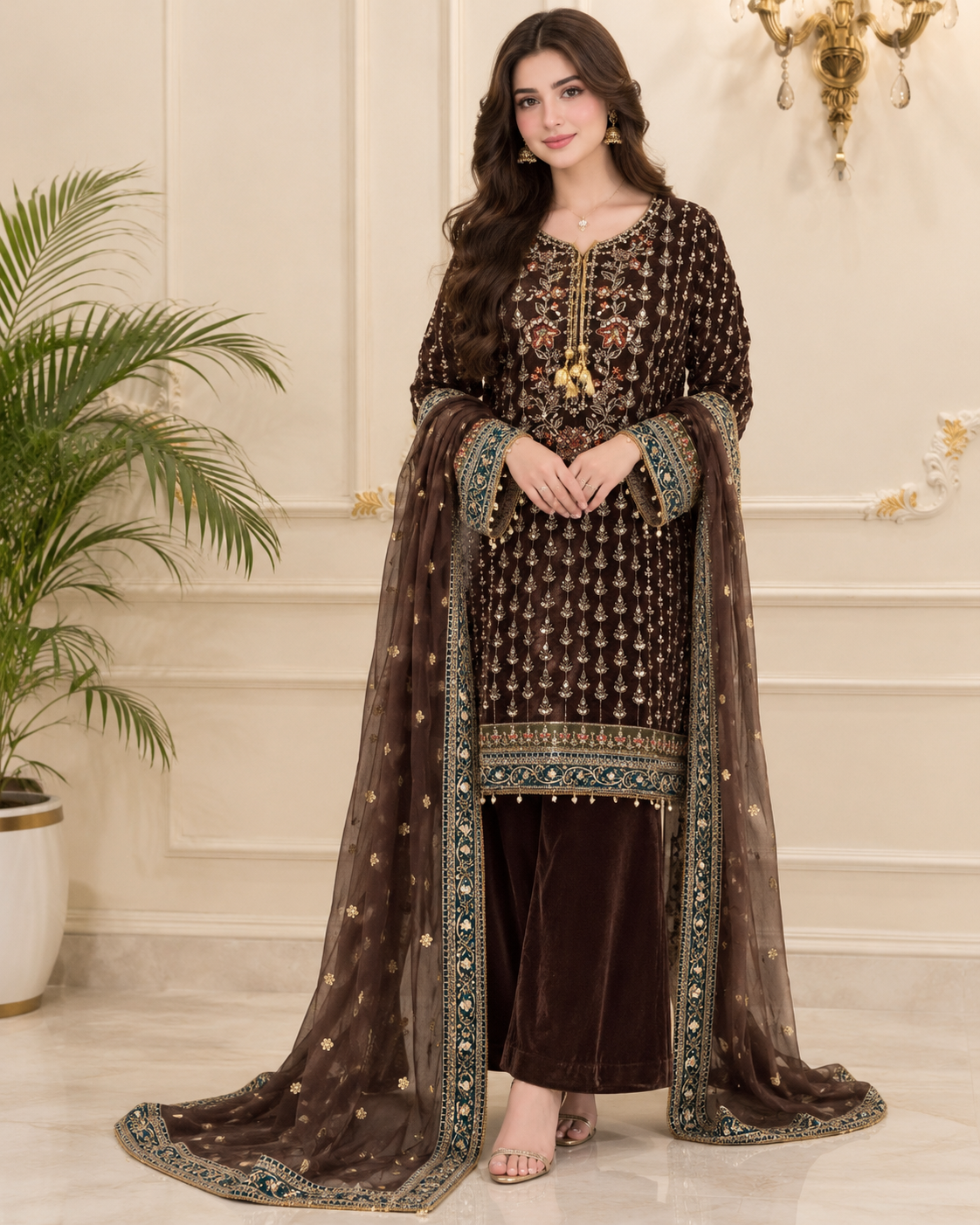 Velvet Embroidered Stitched 3pc Suit