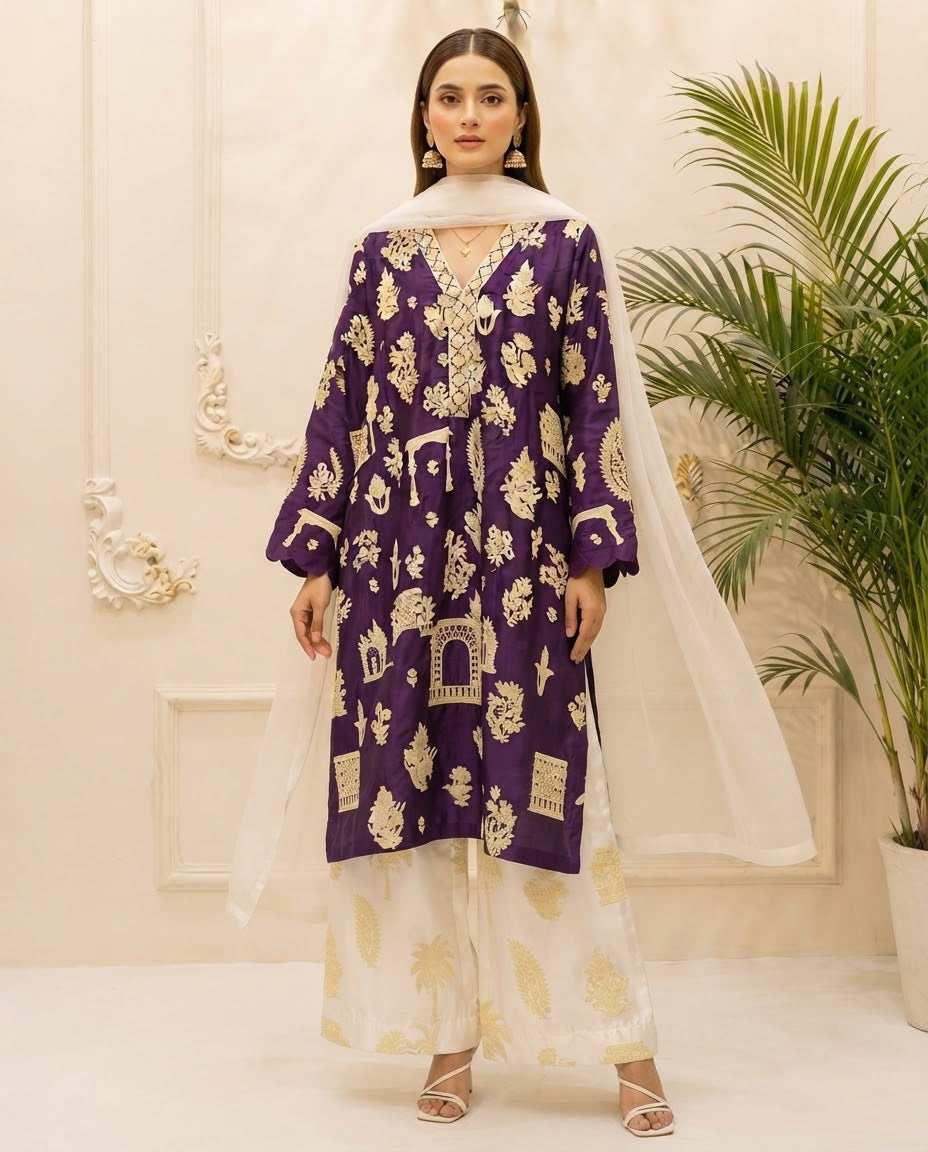 Silk Embroidered Stitched 3pc Suit BFO-MNLS