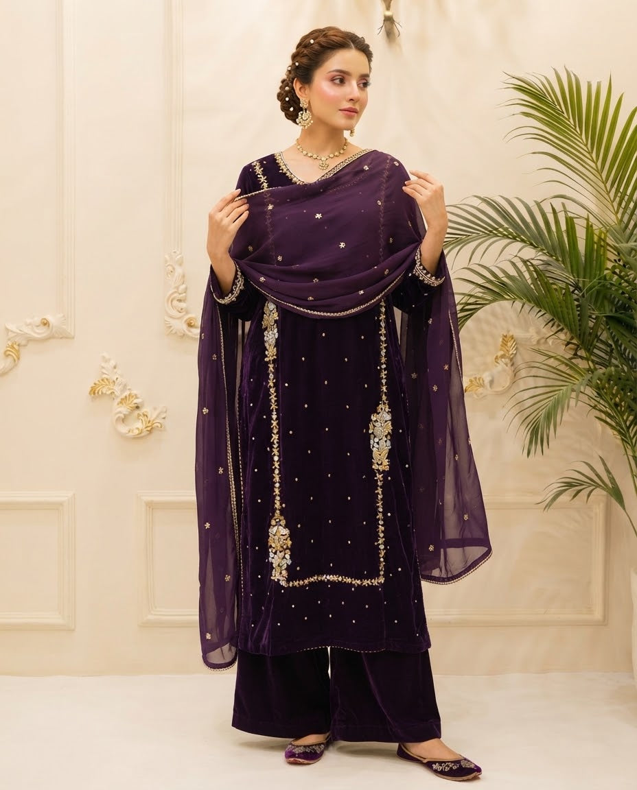 Velvet Embroidered Stitched 3pc Suit BFO-FZ