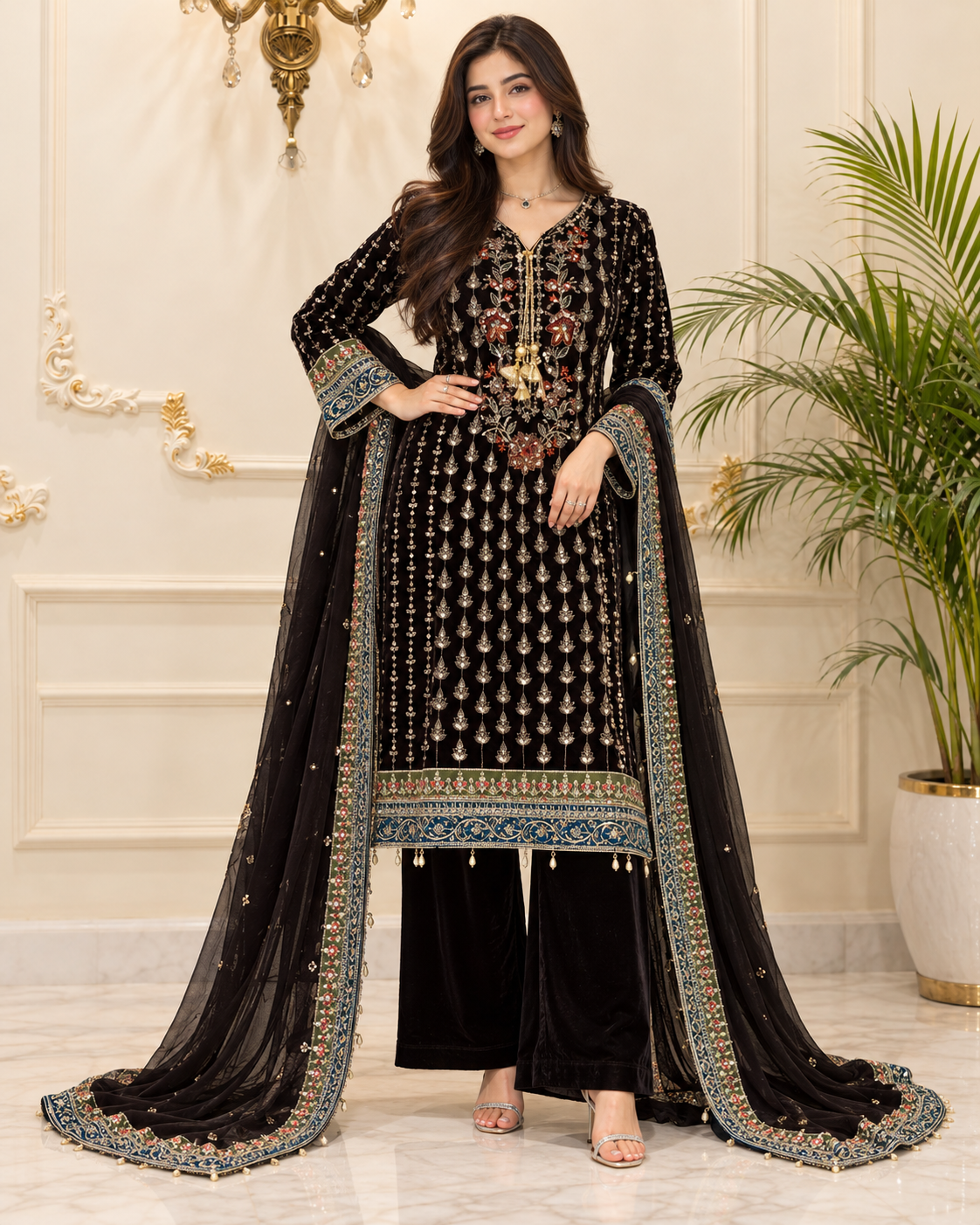 Velvet Embroidered Stitched 3pc Suit