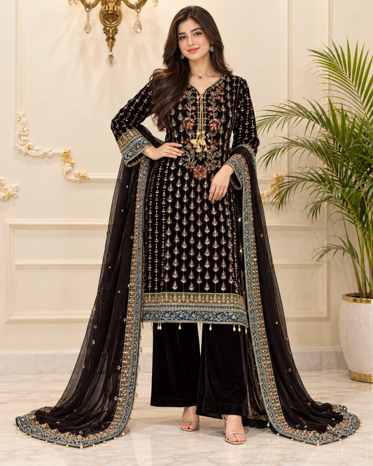 Velvet Embroidered Stitched 3pc Suit