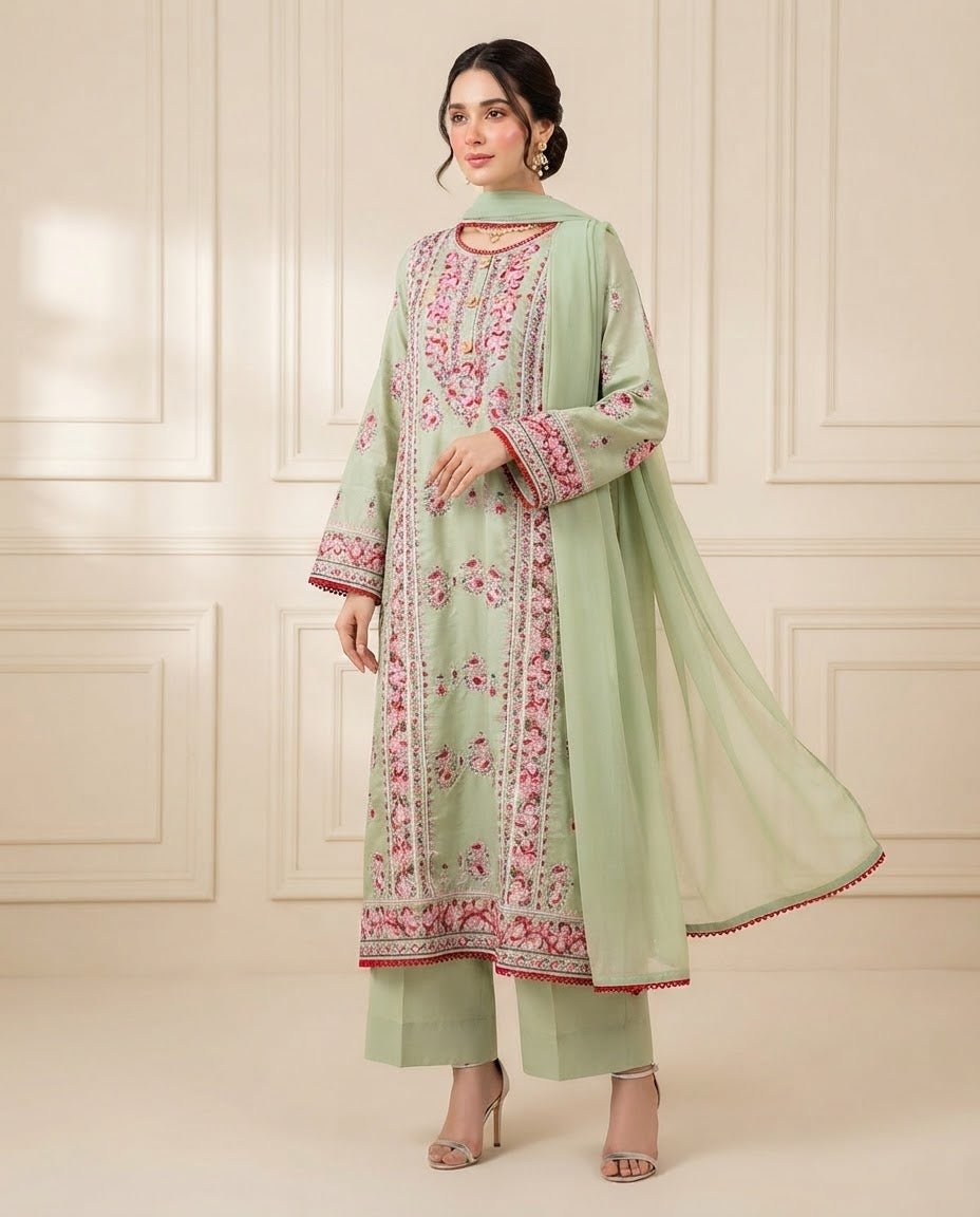 Russian Silk Embroidered Stitched 3pc Suit BFO-MNLS