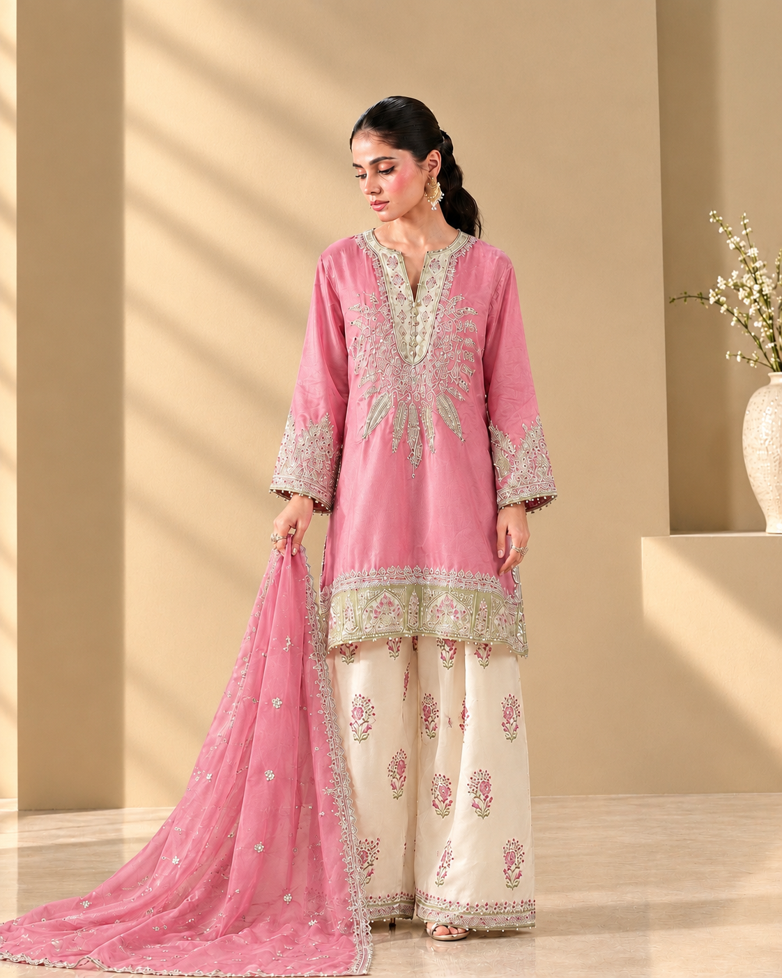 Silk Embroidered Stitched 3pc Suit
