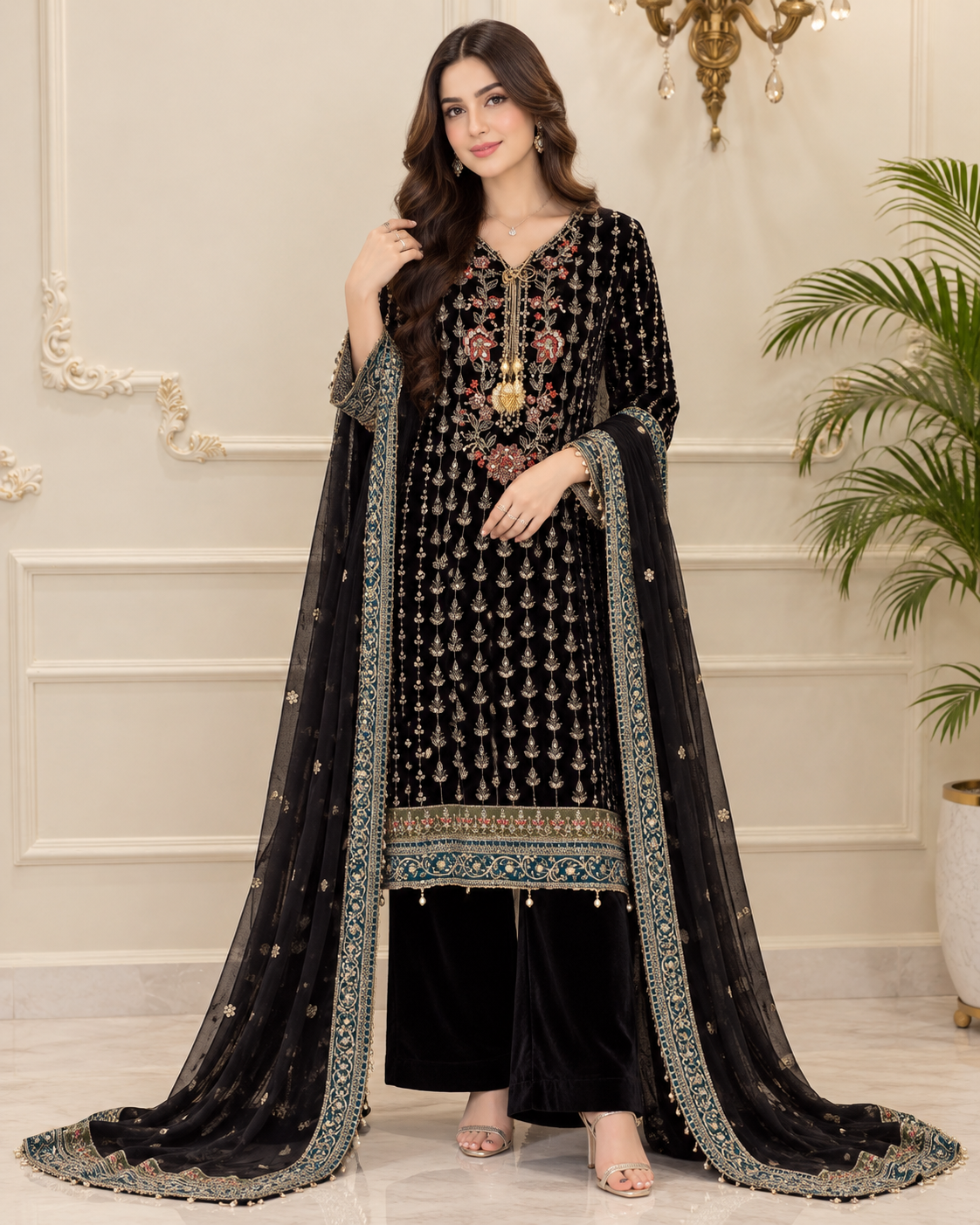 Velvet Embroidered Stitched 3pc Suit