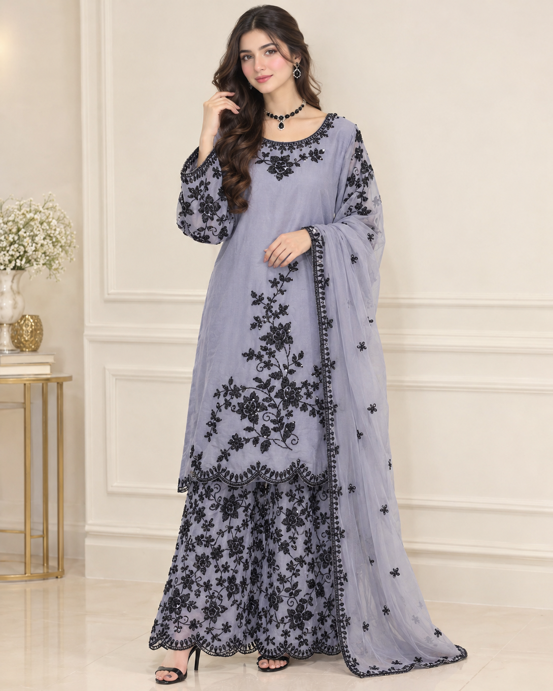 Chiffon Embroidered Stitched 3pc Suit