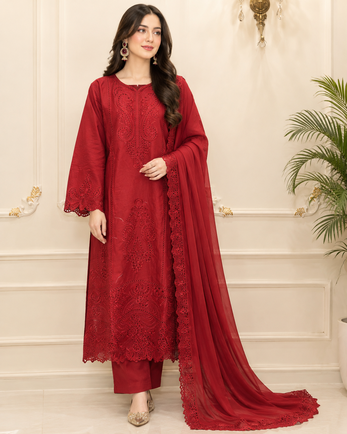 Cotton Embroidered Stitched 3pc Suit