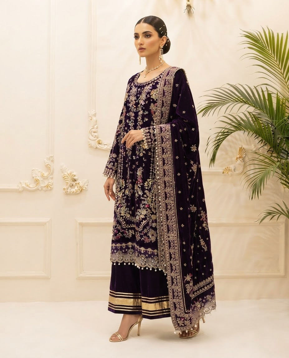 Velvet Embroidered Stitched 3pc Suit BFO-FZ