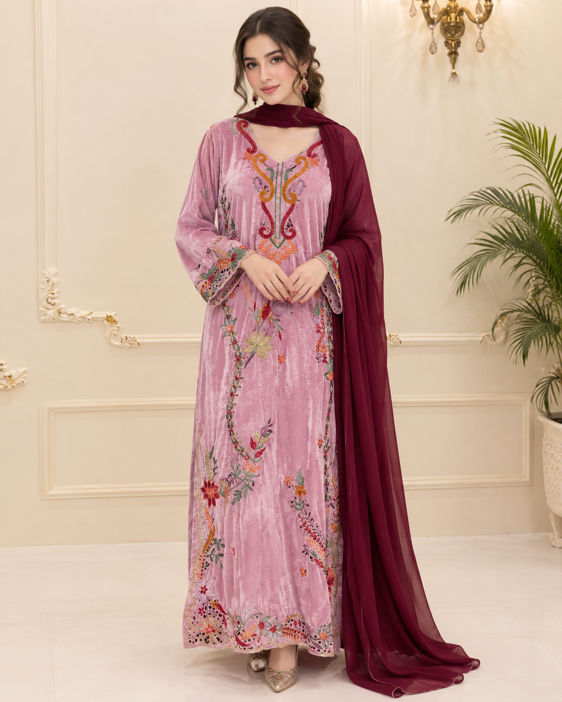 Velvet Embroidered Stitched 3pc Suit