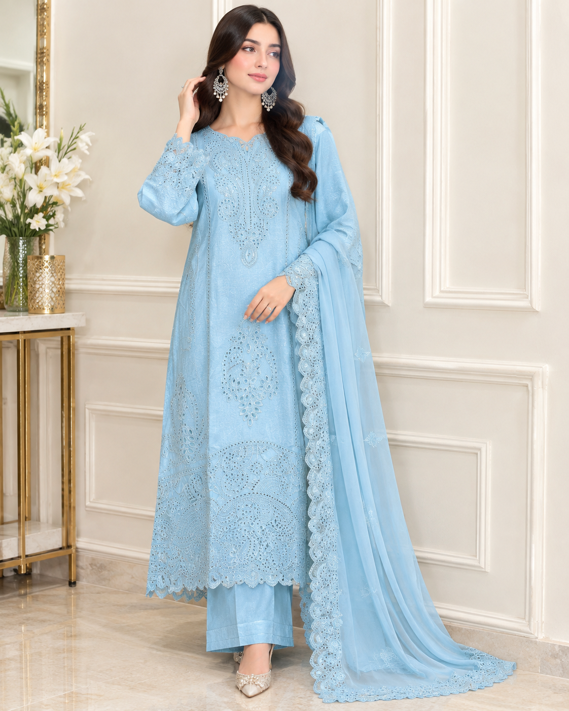 Cotton Embroidered Stitched 3pc Suit
