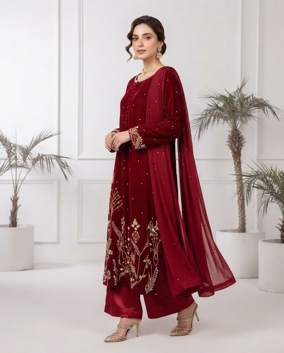 Velvet Embroidered Stitched 3pc Suit BFO-FZ