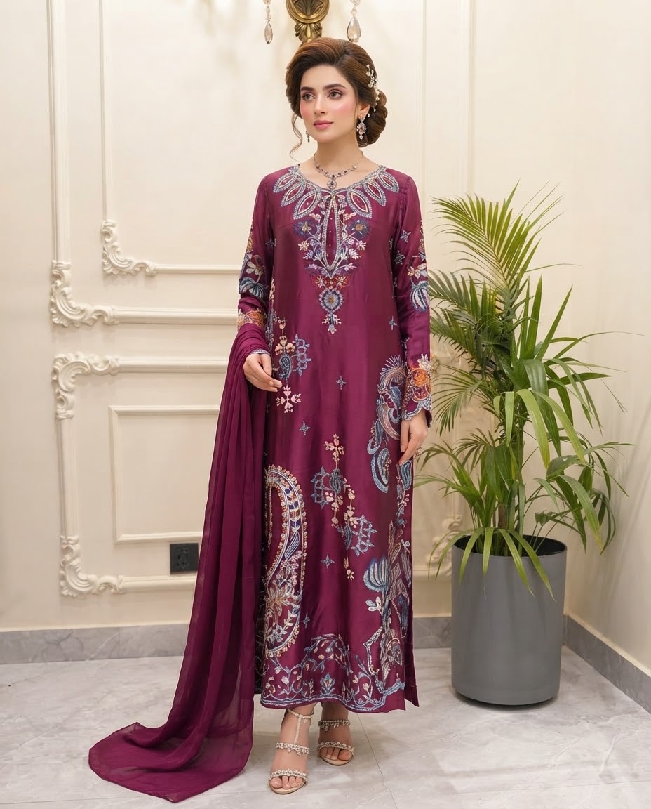 Silk Embroidered Kaftan Stitched 3pc Suit BFO-MNLS