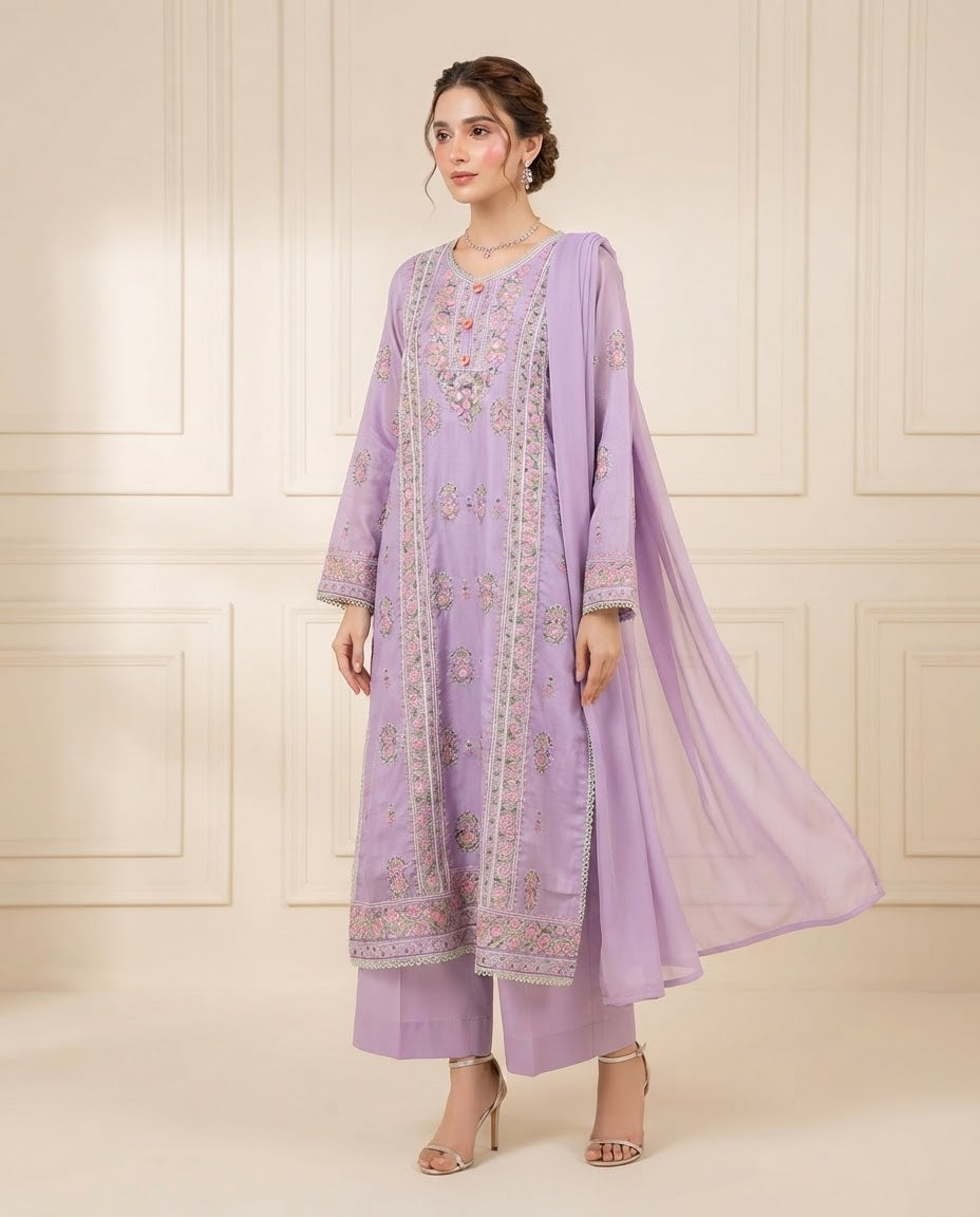 Russian Silk Embroidered Stitched 3pc Suit BFO-MNLS