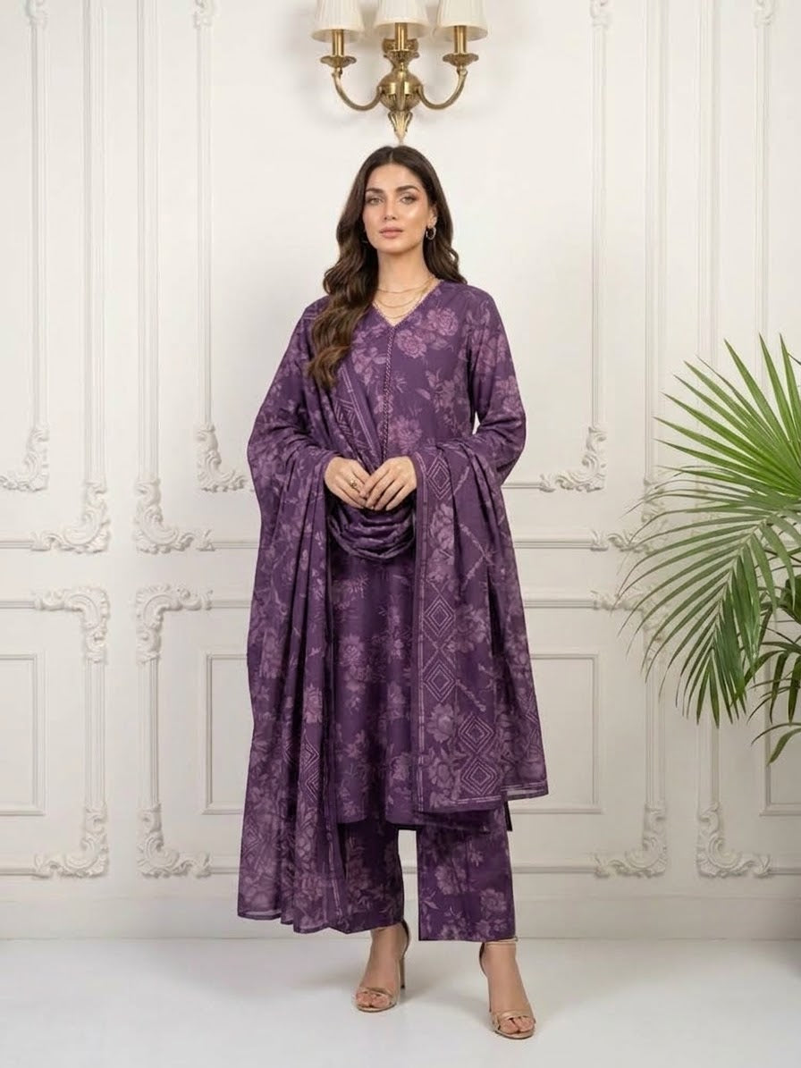 Dhanak Printed Stitched Suit with Shawl 3-pc BFO-SDBR