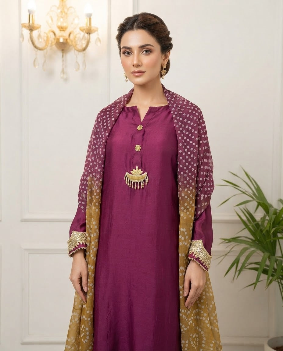 Silk Embroidered Stitched 3pc Suit BFO-MNLS