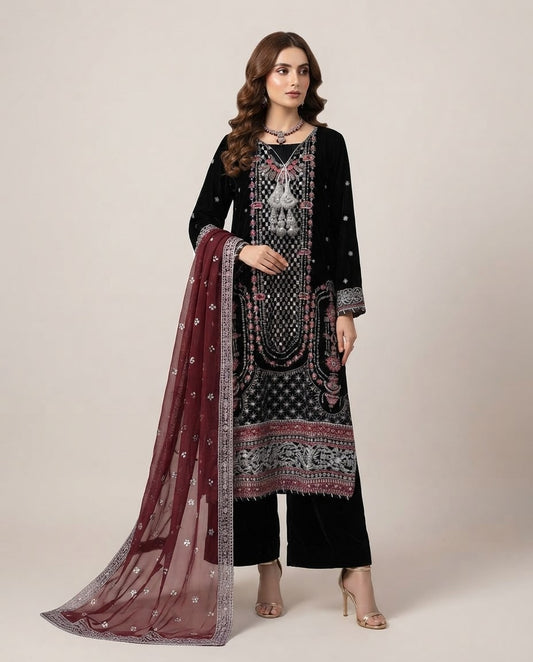 Velvet Embroidered Stitched 3pc Suit BFO-FZ