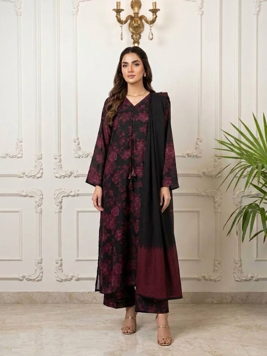 Dhanak Printed Stitched Suit with Shawl 3-pc BFO-SDBR