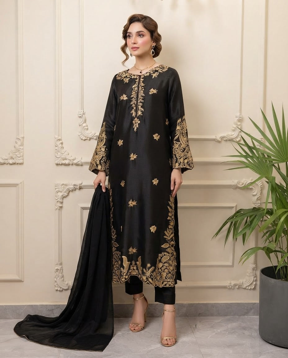 Silk Embroidered Stitched Kaftan 3pc Suit BFO-MNLS