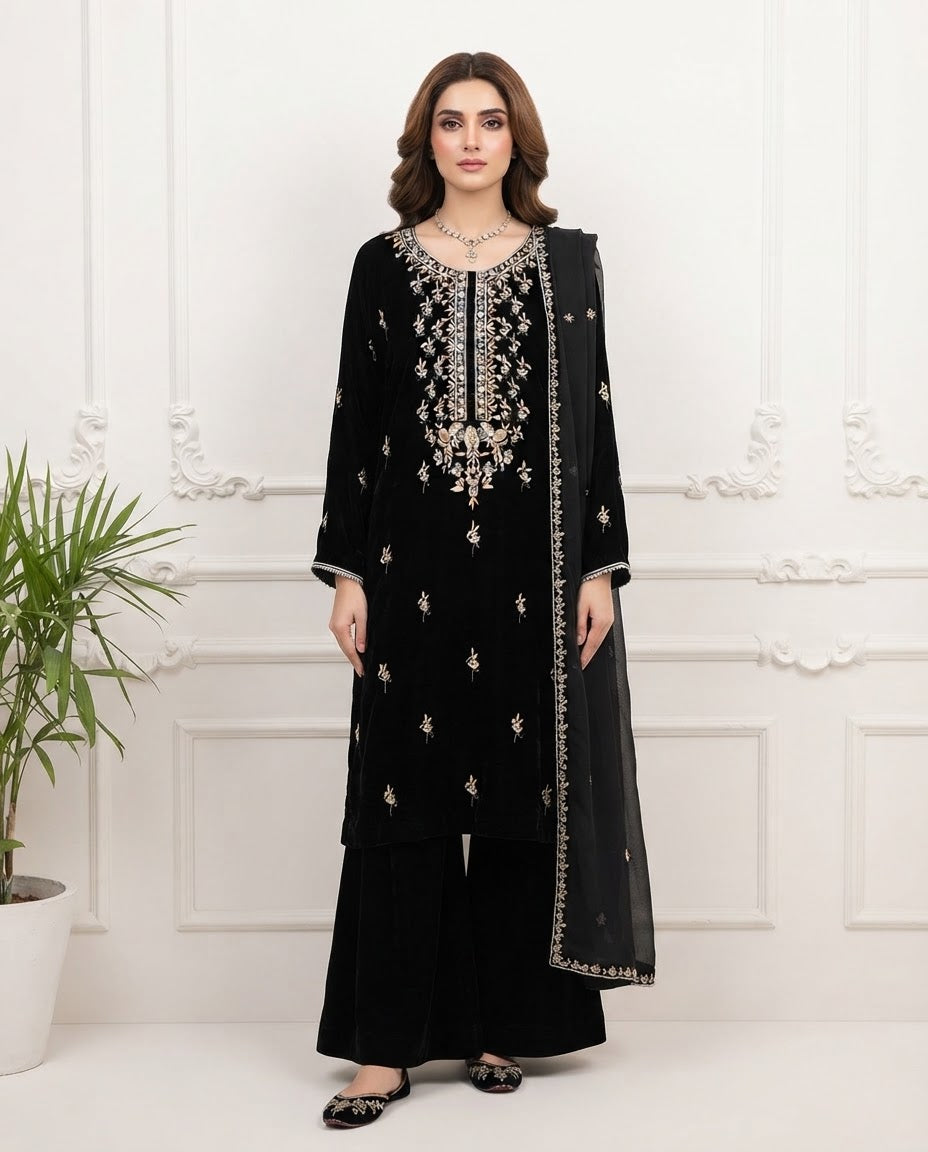 Velvet Embroidered Stitched 3pc Suit BFO-FZ