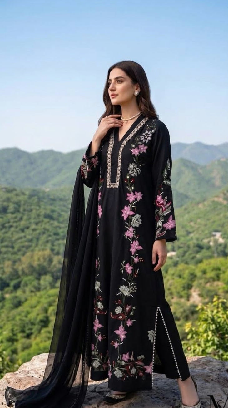 Pure Silk Embroidered kaftan Stitched 3-pc BFO-MNLS
