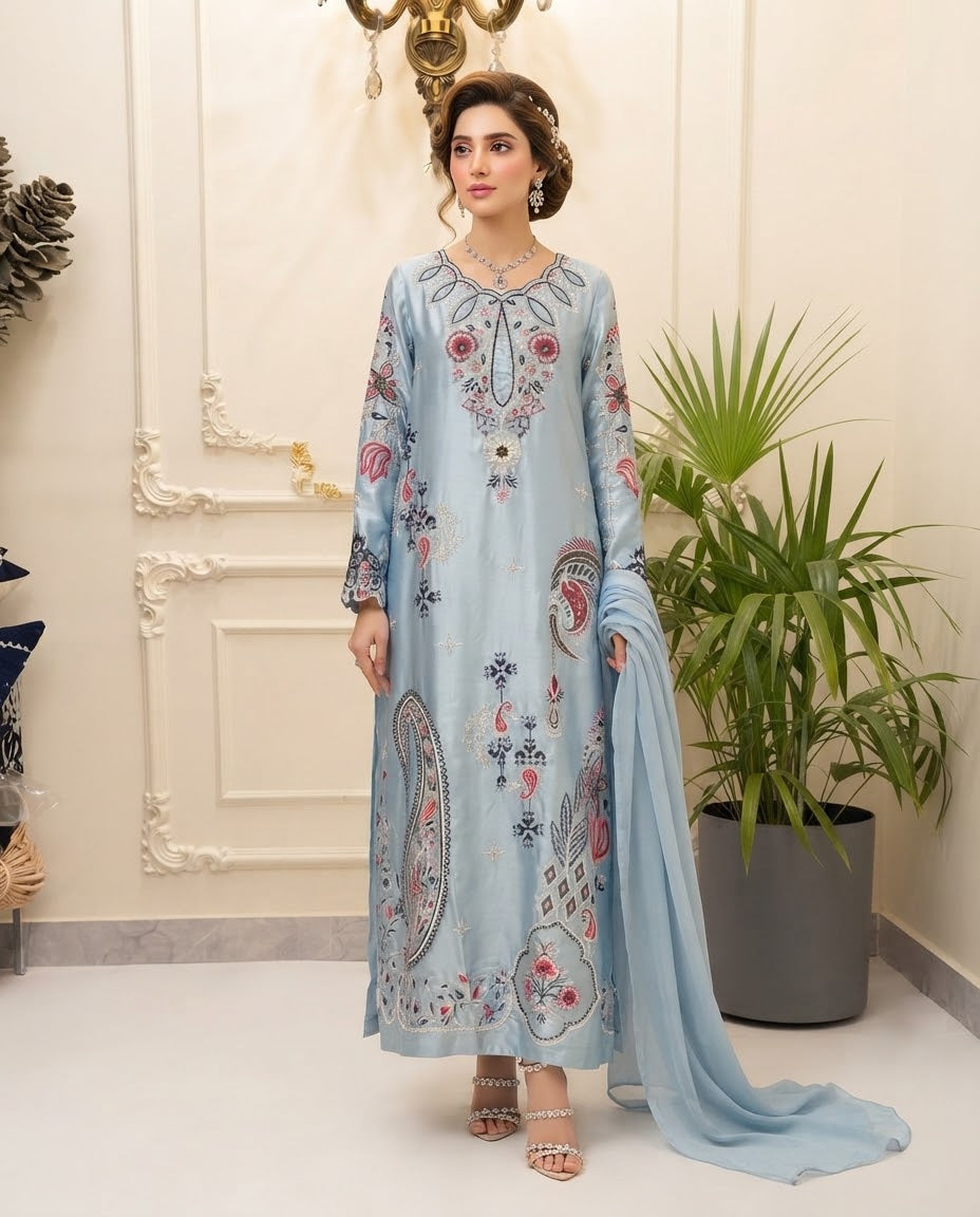 Silk Embroidered Kaftan Stitched 3pc Suit BFO-MNLS