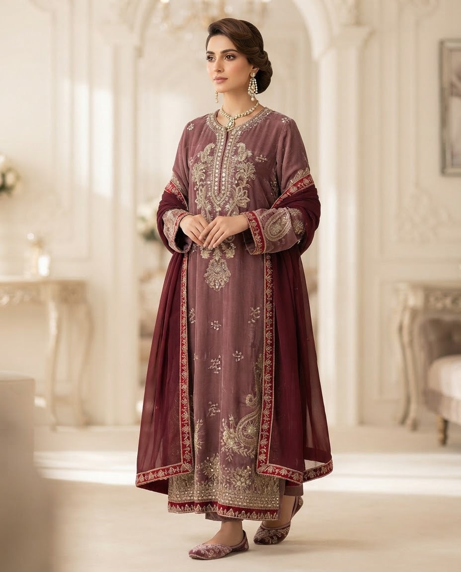 Velvet Embroidered Stitched 3pc Suit BFO-FZ