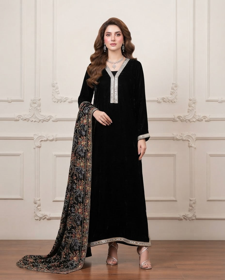 Velvet Plain Kaftan 2pc Suit BFO-FZ