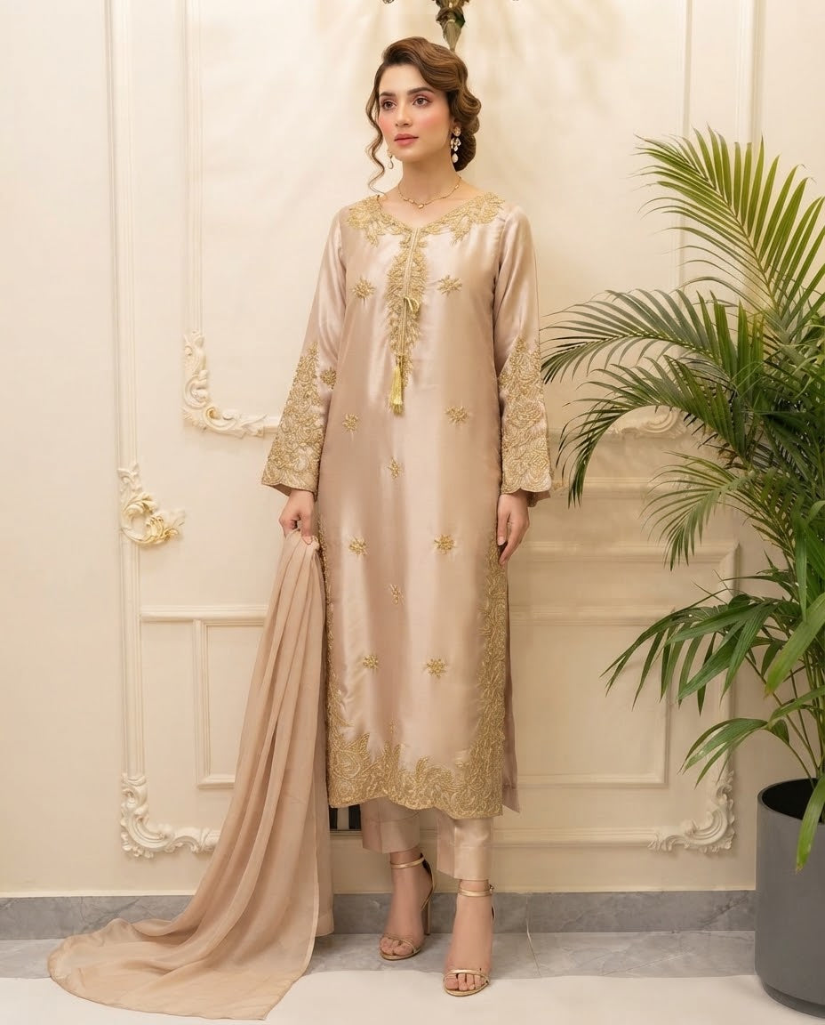Silk Embroidered Stitched Kaftan 3pc Suit BFO-MNLS