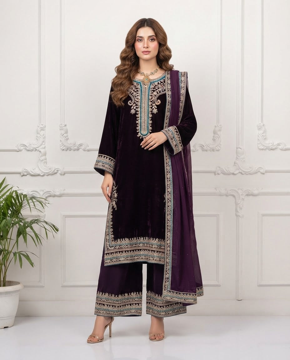Velvet Embroidered Stitched 3pc Suit BFO-FZ