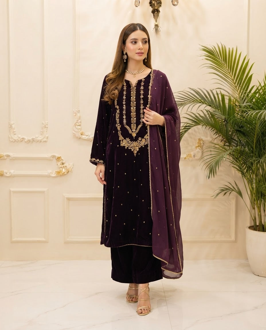 Velvet Embroidered Stitched 3pc Suit BFO-FZ