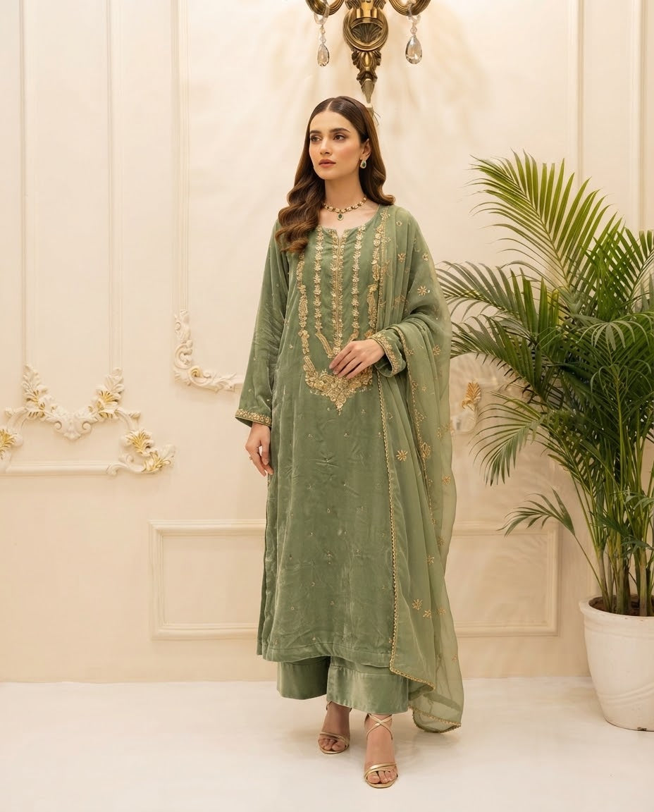 Velvet Embroidered Stitched 3pc Suit BFO-FZ