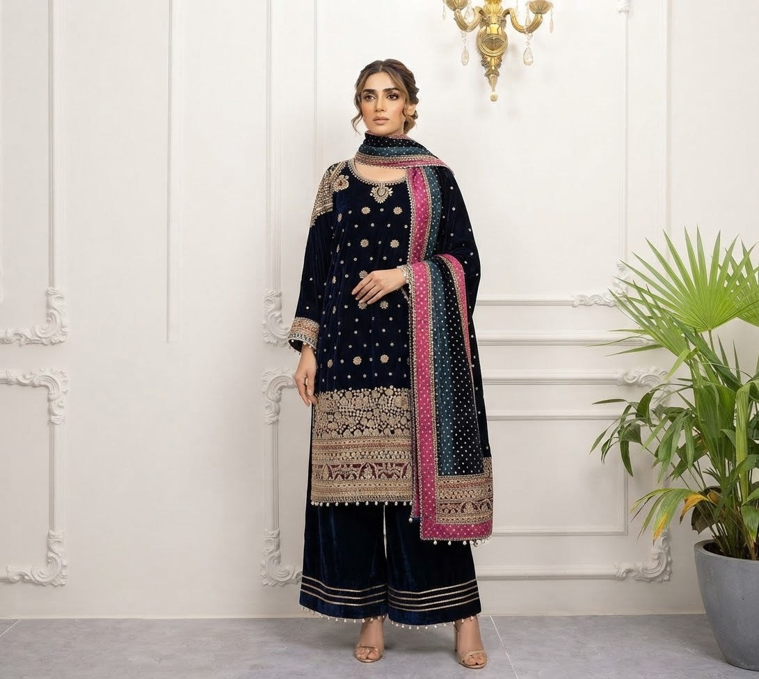 Luxury 9000 Microvelvet Embroidery Stitched 3-pc
