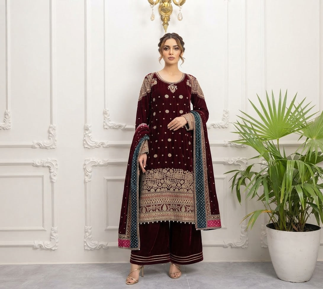 Luxury 9000 Microvelvet Embroidery Stitched 3-pc